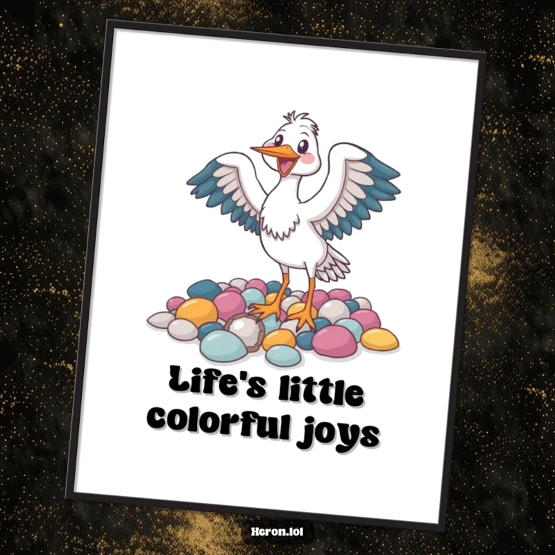 Funny digital art print of a joyful heron bird flapping its wings near colorful pebbles, radiating happiness.