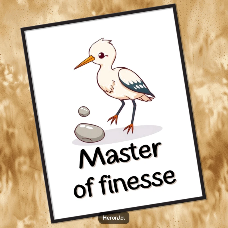 Funny heron bird attempting to juggle three shiny pebbles with its feet, downloadable humorous art print, instant avian talent.