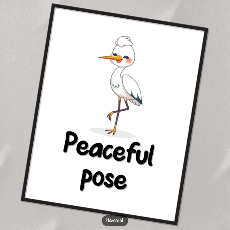 Funny Happy Heron Digital Art: Content heron bird standing on one leg, looking peaceful, a humorous and serene illustration.