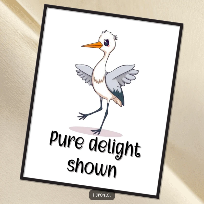 Funny digital art print of a heron gleefully performing a silly tiptoe dance with a delighted expression, perfect for adding vibrant energy.