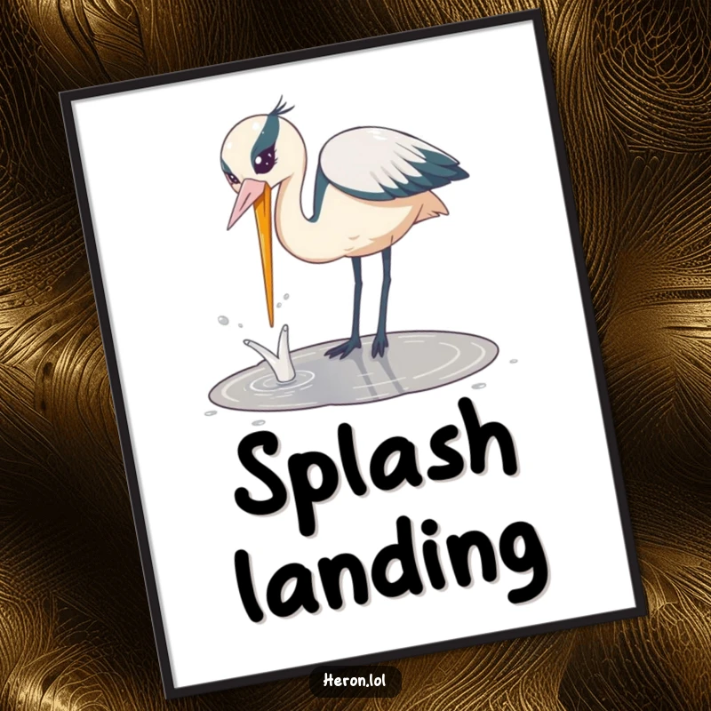 Funny Playful Heron Digital Art: Playful heron bird dipping its beak into a puddle with a splash, a humorous and energetic illustration.