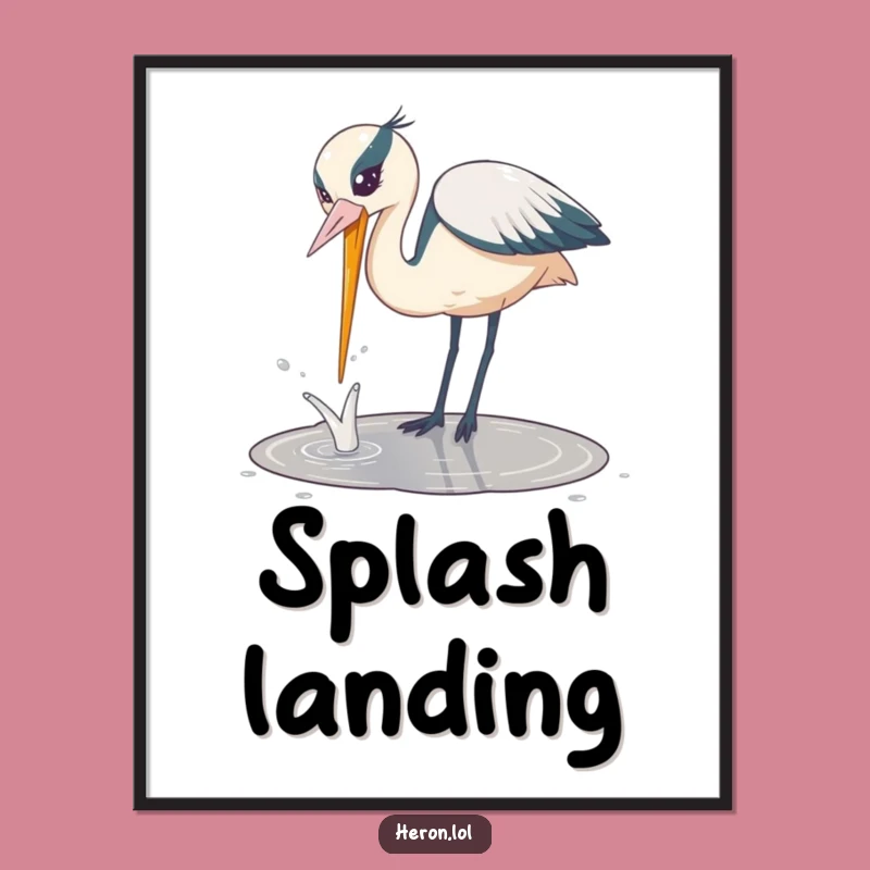 Funny Playful Heron Digital Art: Bird Dips Beak, Humorous Instant Download