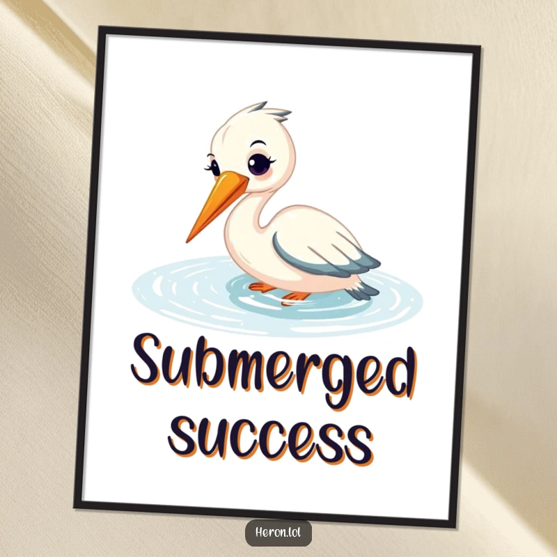 Funny digital art print of a smiling heron fishing gracefully, beak submerged in shimmering water, a serene and humorous artwork.