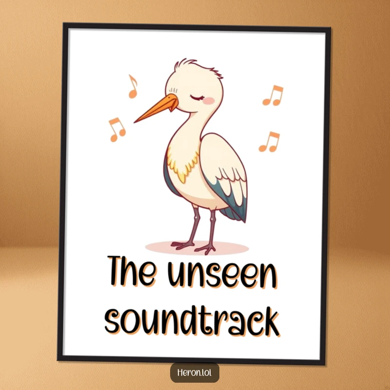 Funny digital art print of a cute heron character bobbing its head rhythmically, offering instant, calm, and nature-themed visual delight.