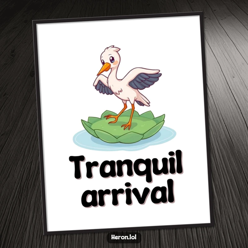 Funny Heron Digital Art Print: Delighted bird gracefully lands on a lily pad, creating a serene and humorous visual.