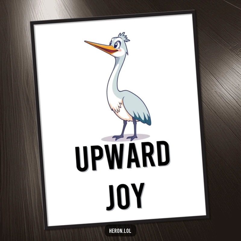 Funny cute heron stretching its long neck upwards with a wide grin, joyful bird digital art print.