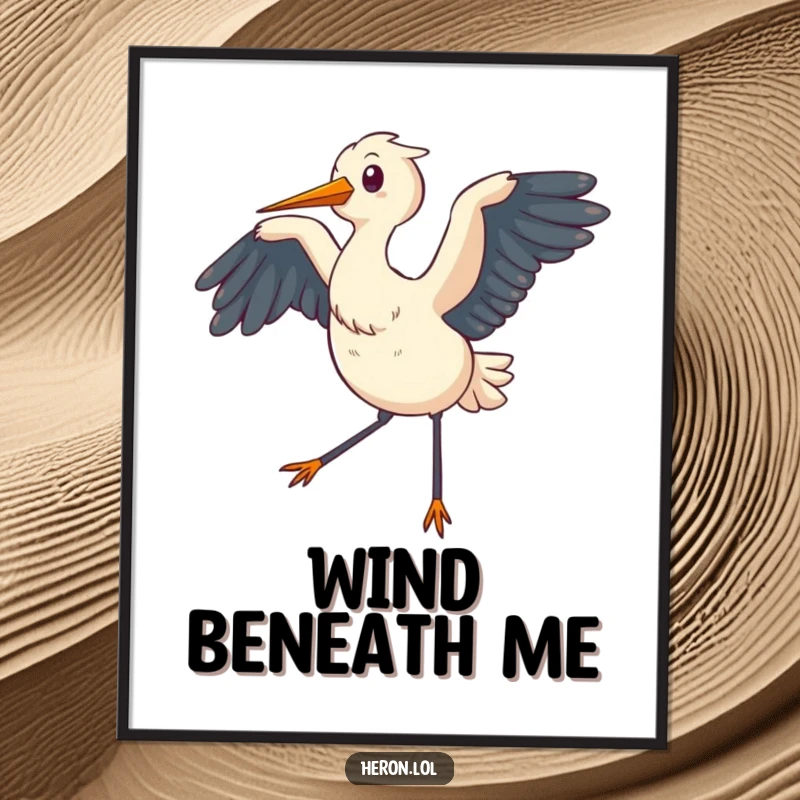 Funny Digital Art Print of a chubby heron flapping its wings, creating a gentle breeze, offering a serene and charming focal point.