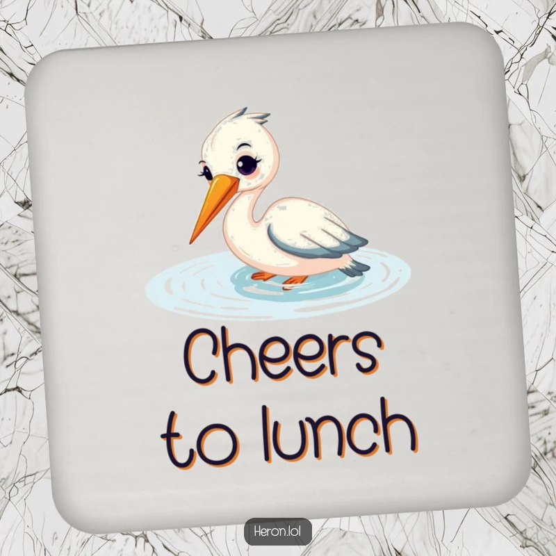 Funny drink coaster showcasing a smiling heron fishing, beak submerged in shimmering water, protecting surfaces with avian calm.