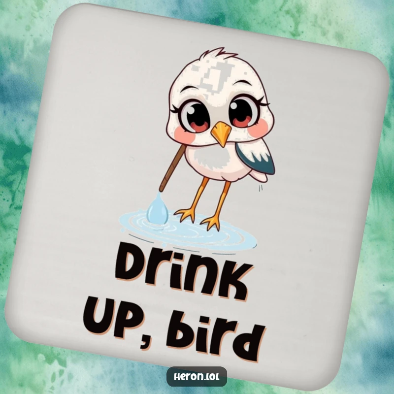 Funny drink coaster showcasing a heron with wide, curious eyes, scooping water with its beak, protecting surfaces with a touch of avian charm.