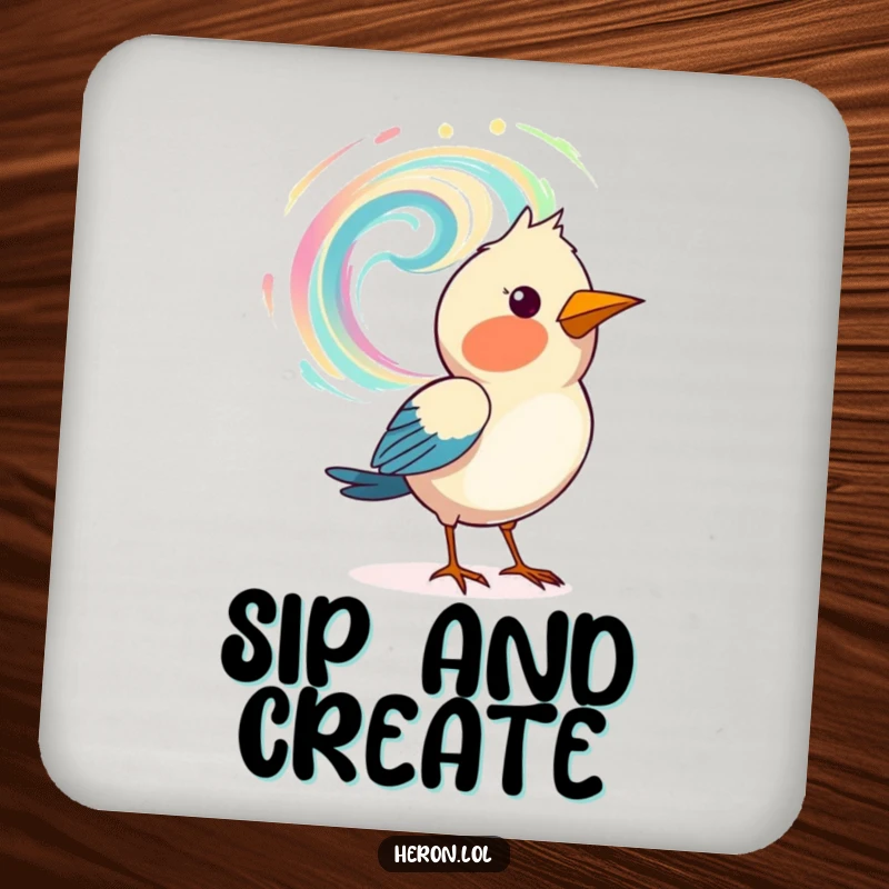 Funny drink coaster featuring a bird artistically painting a swirling pattern in the air, adding a creative touch.