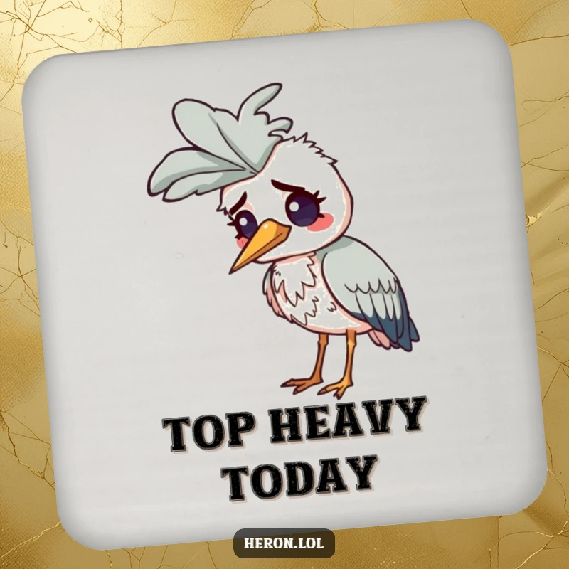 Funny Confused Heron Coasters: A heron looks bewildered with a comically large feather stuck on its head.