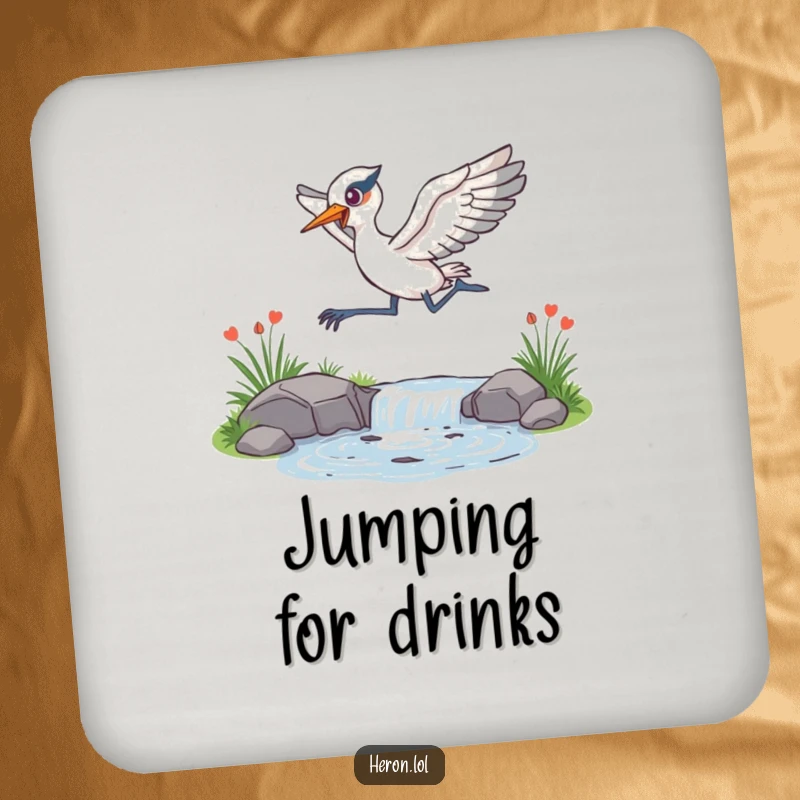 Funny Coaster depicting an energetic heron leaping over a sparkling stream, adding a dynamic flair to your tabletop.