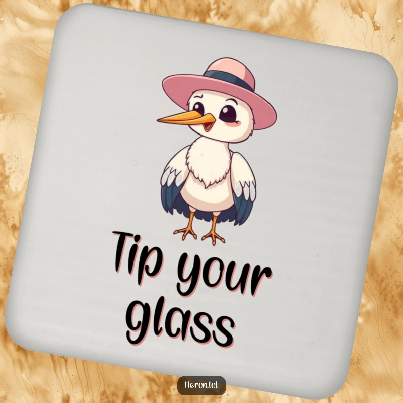 Funny heron bird giggling and tipping its floppy hat to the viewer, a humorous drink coaster showcasing avian cheer.