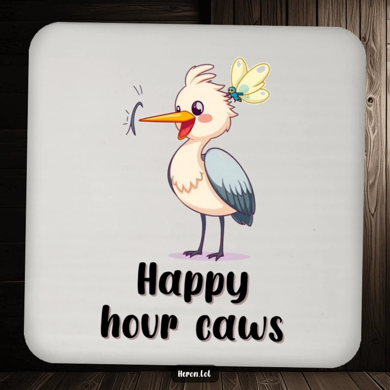 Funny heron coasters, happy bird cawing at dragonfly, joyful cartoon design, table protection, gift for hosts.
