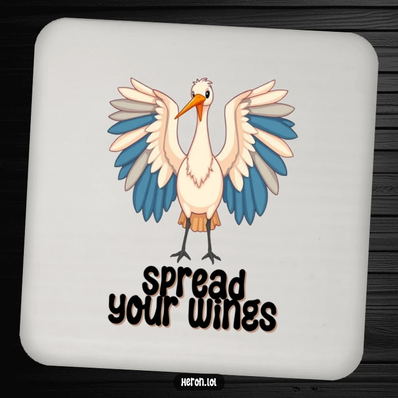 Funny Heron Coasters: A set of coasters showcasing a heron bird with large, colorful wings, adding artistic flair to any table.