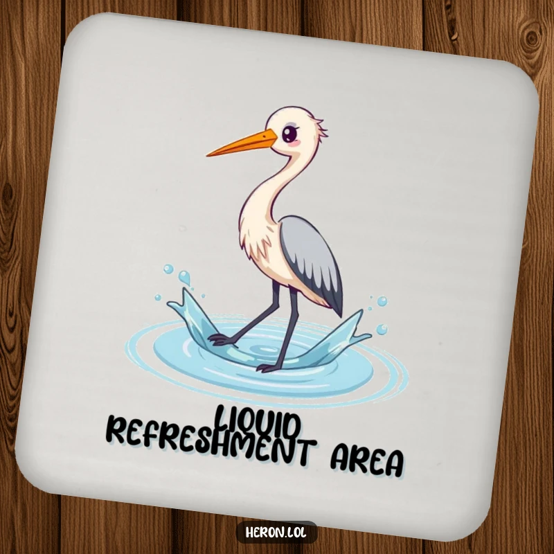 Funny set of 4 kawaii heron coasters showing a cute bird splashing water with its long legs, protecting surfaces with charm.