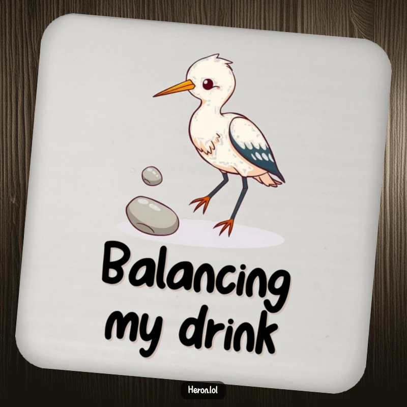 Funny heron bird attempting to juggle three shiny pebbles with its feet, a humorous drink coaster showcasing avian talent.