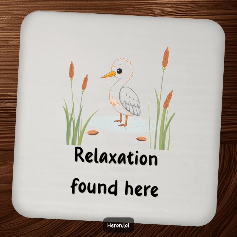 Funny Kawaii Heron Coaster: Serene bird wading through reeds on a coaster, protecting furniture with humorous tranquility.