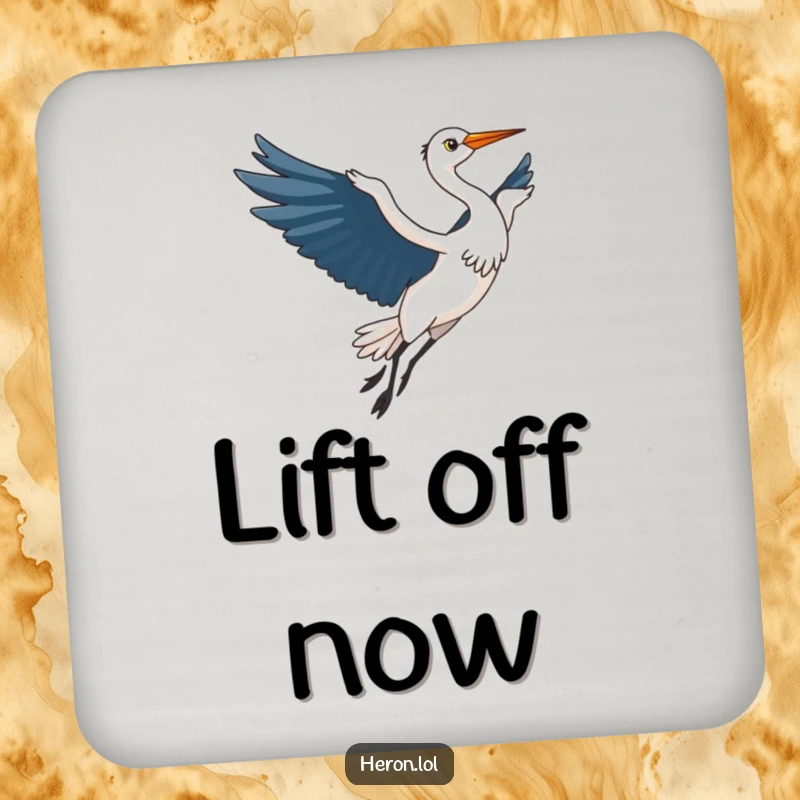 Funny Kawaii Heron Coasters: Cute heron bird gracefully taking flight, wings spread, providing humorous decoration and table protection.