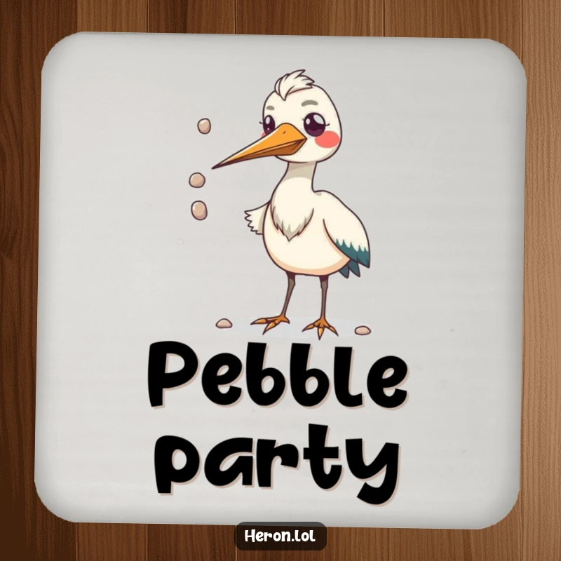 Funny drink coaster with a kawaii heron bird and its large beak juggling pebbles, offering surface protection with humor.