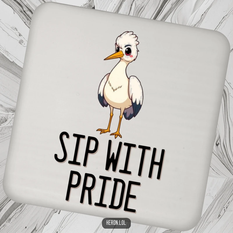 Funny drink coaster featuring a proud heron bird standing tall, chest puffed out, adding dignity to surface protection.