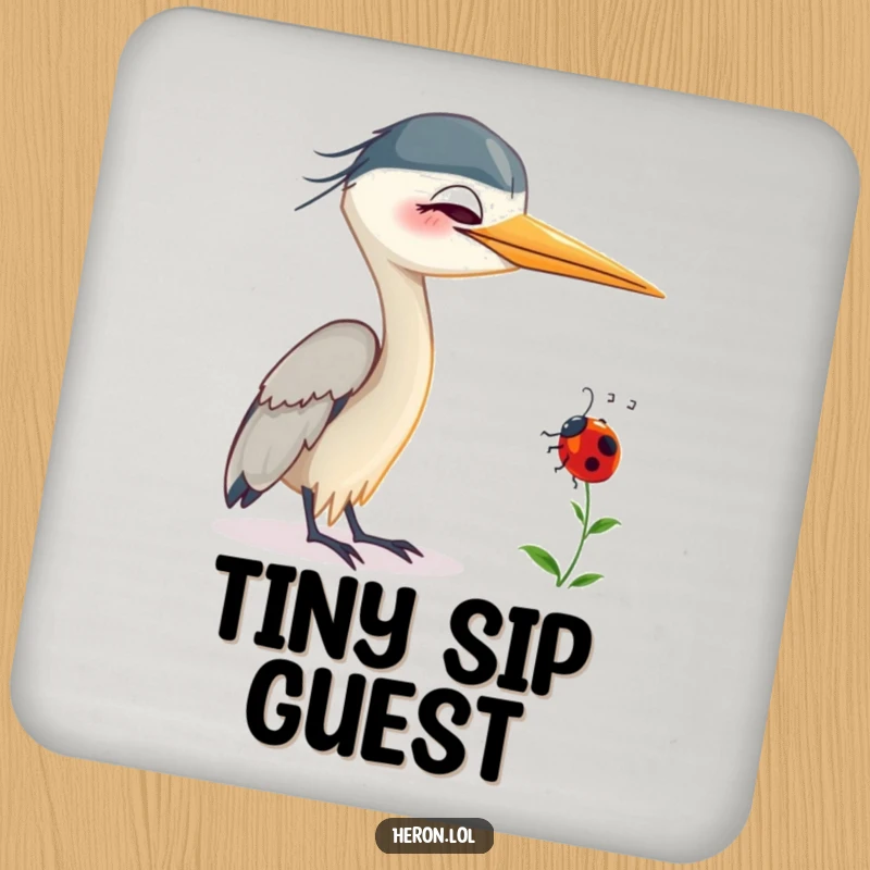 Funny Smiling Heron Coasters: Smiling heron bird with a ladybug on its neck, providing humorous decoration and table protection.
