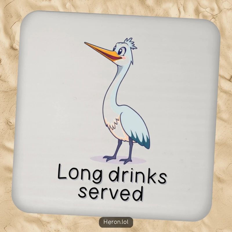 Funny cute heron stretching its long neck upwards with a wide grin on a protective drink coaster.
