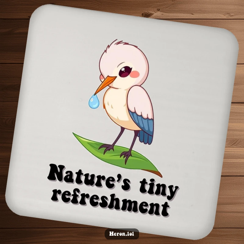 Funny drink coaster featuring a playful heron bird sipping a dewdrop from a leaf, adding nature's charm to surface protection.