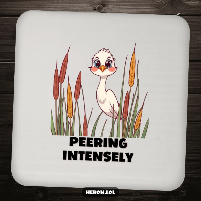 Funny Coaster with a joyful heron peering over reeds, its wide, curious eyes adding a touch of whimsy to your tabletop.