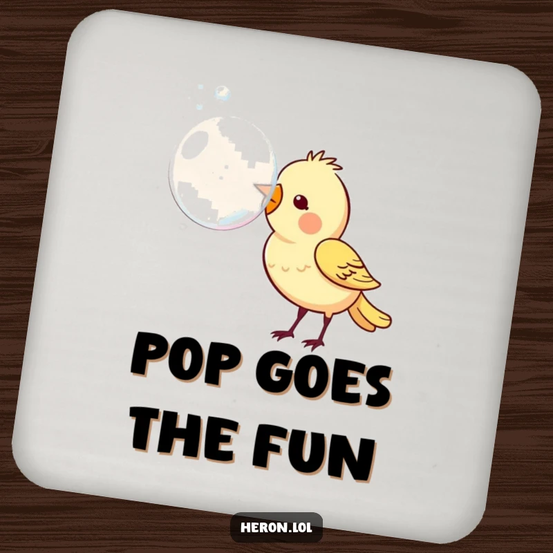 Funny drink coaster set featuring a playful bird blowing a large, iridescent bubble, adding a touch of whimsical charm to any surface.