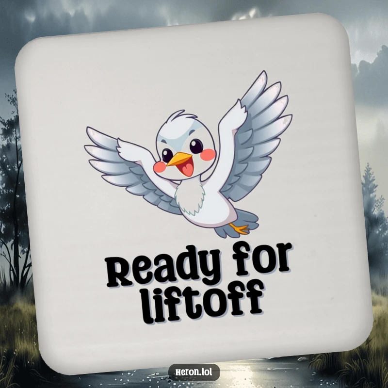 Funny Flying Heron Coasters: A happy heron flaps its flippers vigorously, humorously attempting to fly.