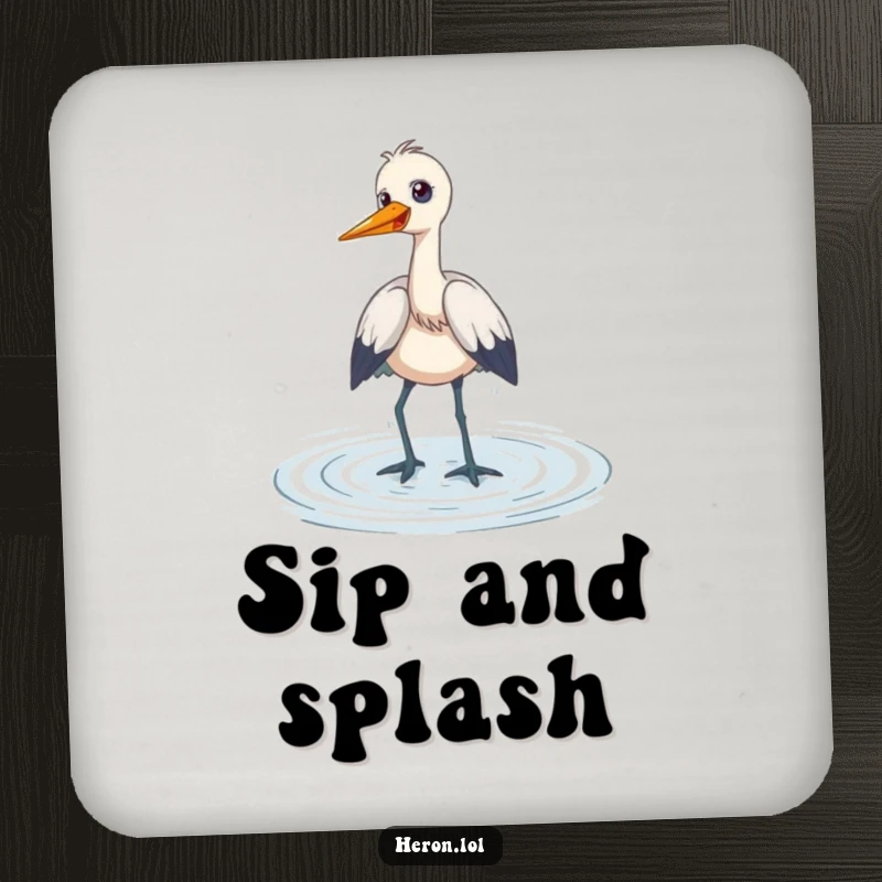 Funny Drink Coaster set illustrating a heron wading playfully through shallow water, giggling, offering humorous protection for surfaces.