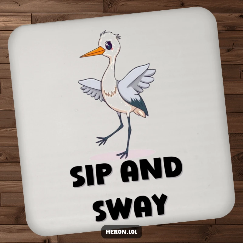 Funny drink coaster set featuring a heron performing a silly, tiptoe dance with a wide, delighted expression, bringing joy to your table.