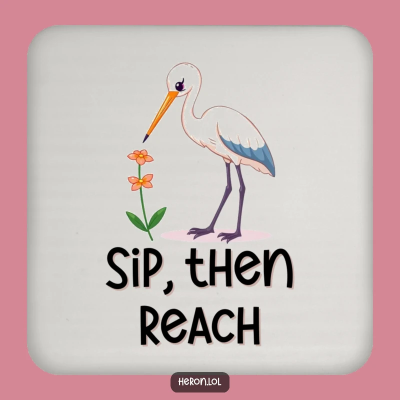 Funny Kawaii Heron Coaster: Protect Surfaces Bird Reaching Flower, Humorous Gift