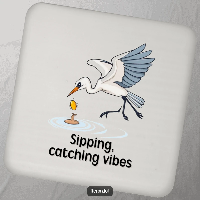 Funny Drink Coaster set illustrating a heron gracefully swooping to catch a shiny bug, offering humorous protection for surfaces.
