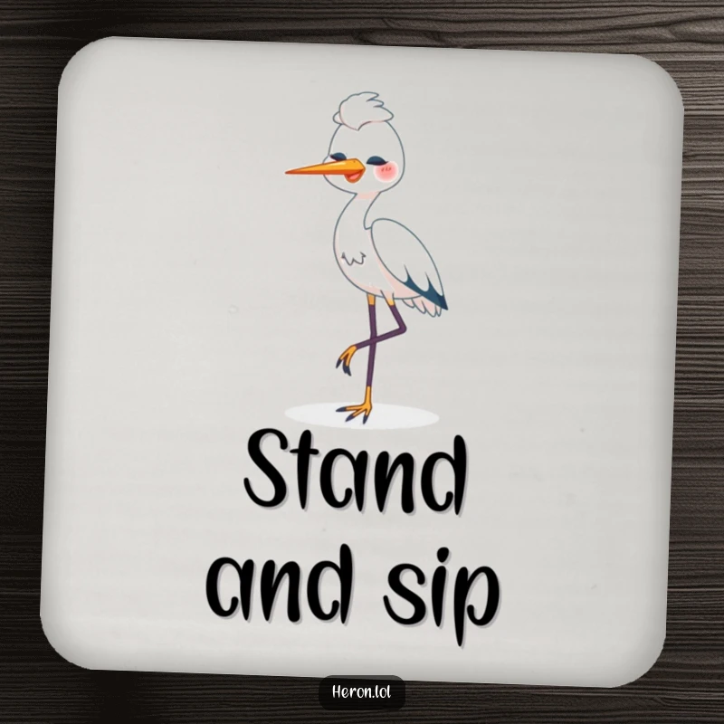 Funny Happy Heron Coasters: Heron bird standing on one leg, looking content, providing humorous decoration and table protection.