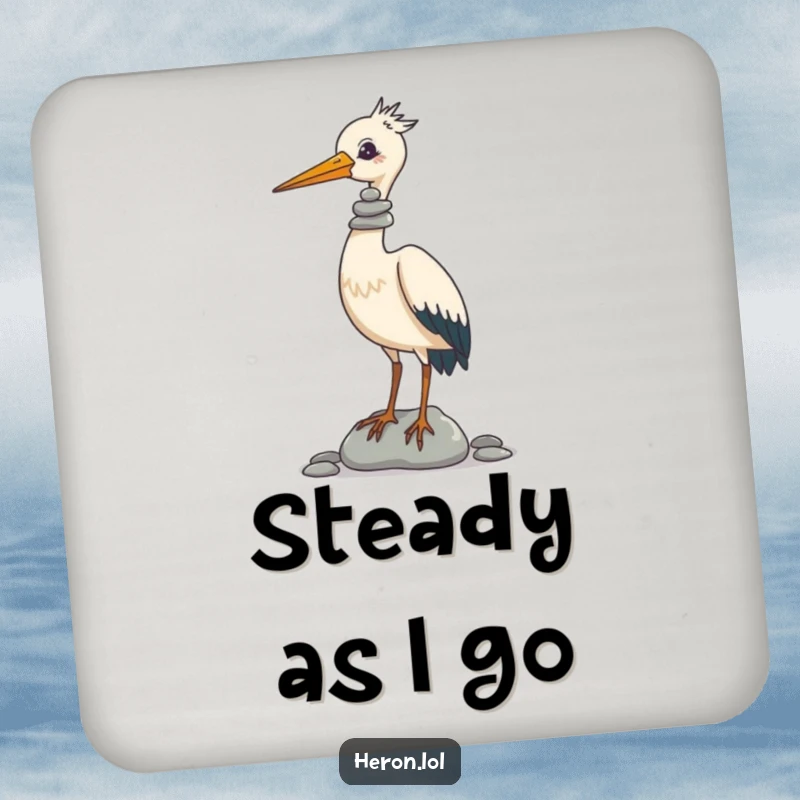 Funny Drink Coaster with a detailed image of a heron balancing a stack of pebbles on its beak, adding humor to drink service.