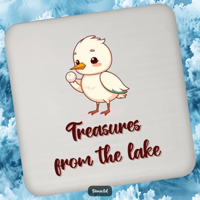 Funny shy heron coaster featuring a bird offering a pearl with its wing, a humorous and protective table accessory.