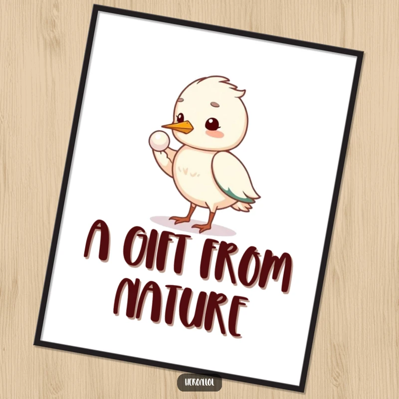 Funny shy heron poster showing a bird offering a pearl with its wing, conveying gentle humor and elegance.