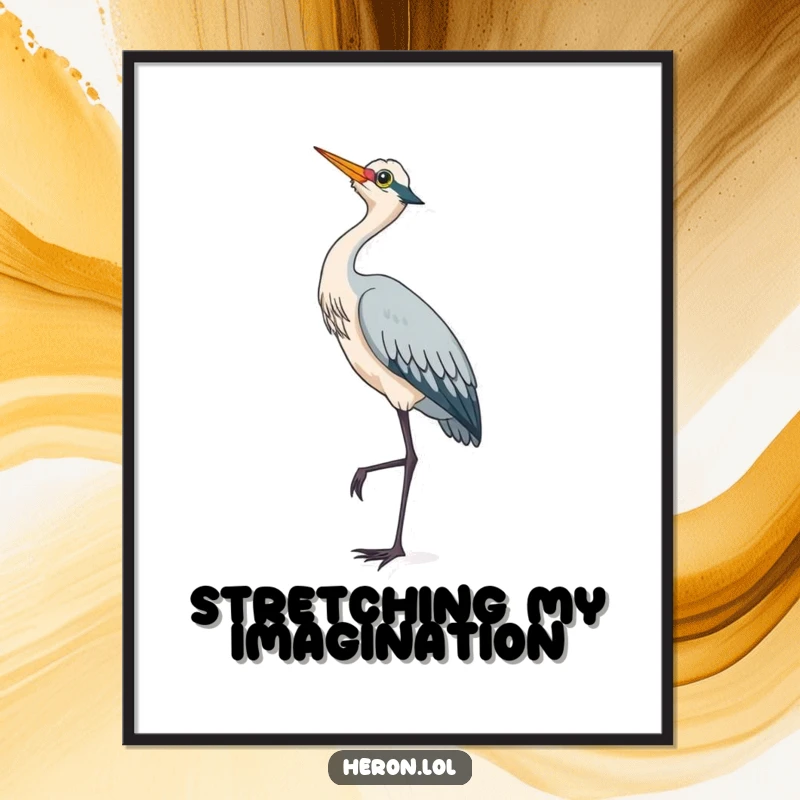 Artistic representation of a cute heron on one leg, looking skyward, a whimsical poster for bird lovers.