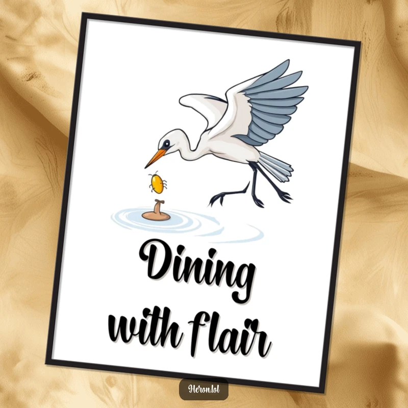 Funny Poster print of a heron gracefully swooping down to catch a shiny bug, showcasing focus, agility, and humorous wildlife action.