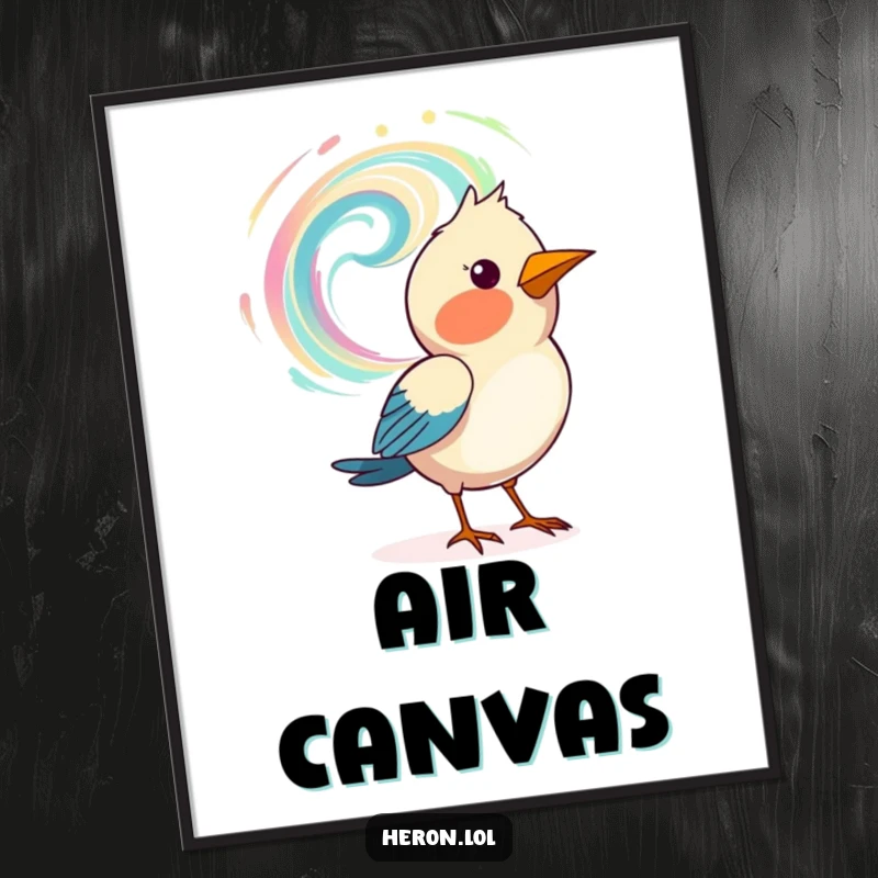 Funny poster of a bird artistically painting a swirling pattern in the air with its beak, a unique piece of art.