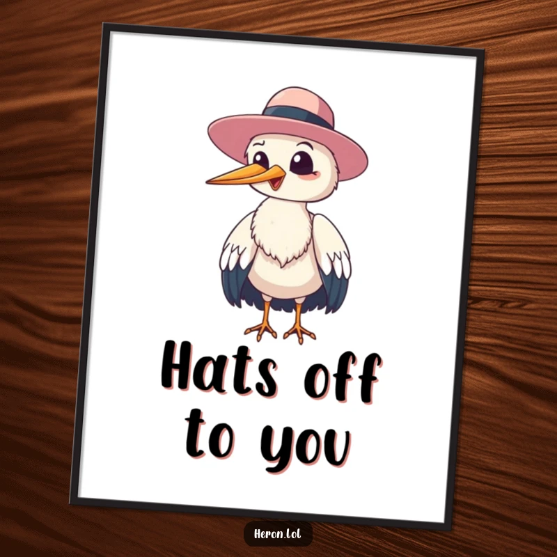 Funny heron bird giggling and tipping its floppy hat to the viewer, humorous poster art for cheerful decor.