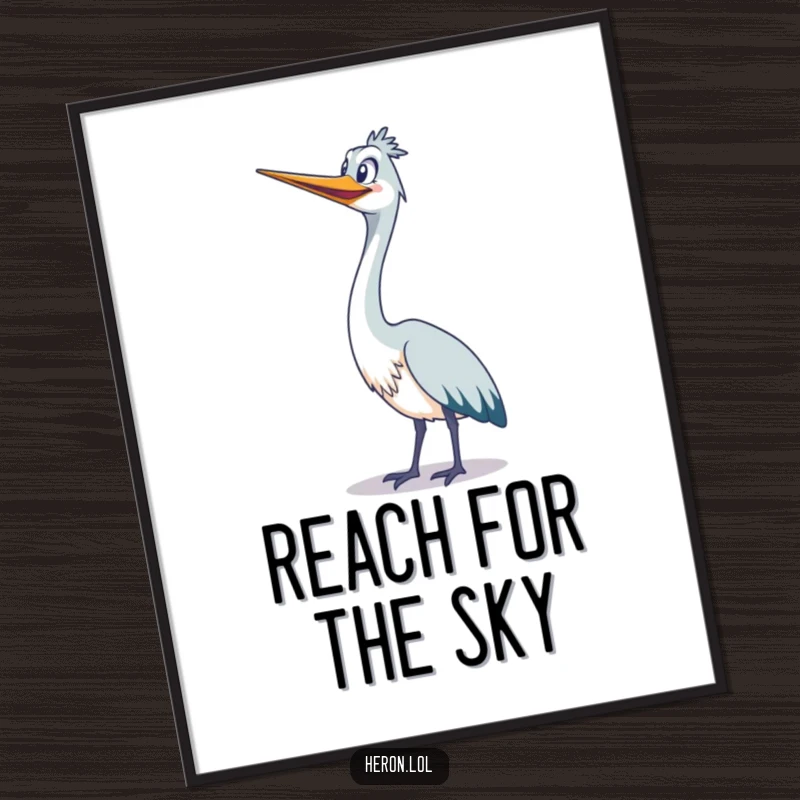 Funny cute heron stretching its long neck upwards with a wide grin, joyful bird art print.