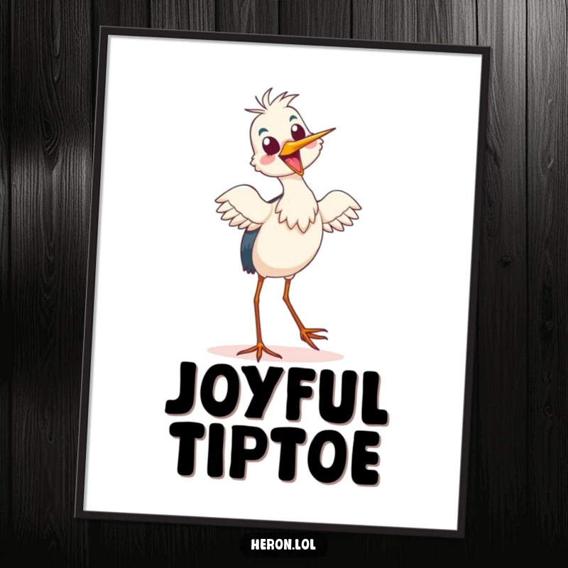 Funny Poster of a delighted heron doing a silly tiptoe dance, bringing vibrant energy and humor to any wall.