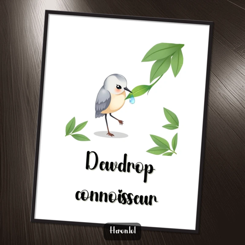 Funny Heron Poster: An elegant depiction of a heron pecking a dewdrop on a leaf, capturing a moment of natural focus.
