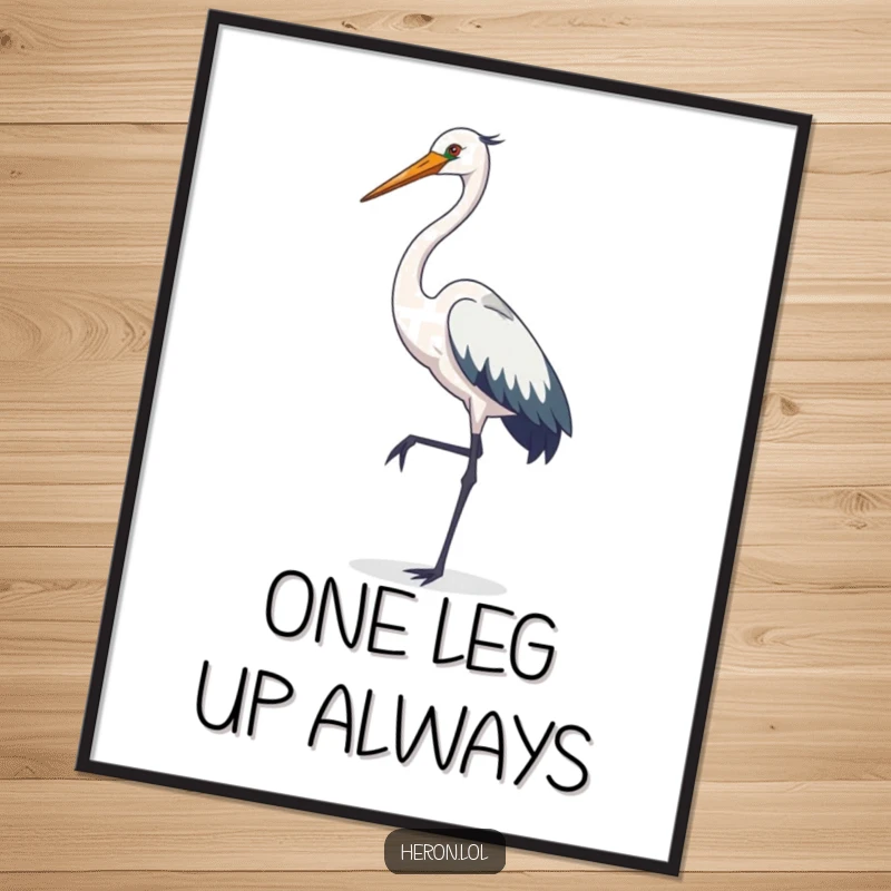 Funny heron poster, elegant bird posing on one leg, sophisticated cartoon art, whimsical wall decor, unique gift for bird enthusiasts.