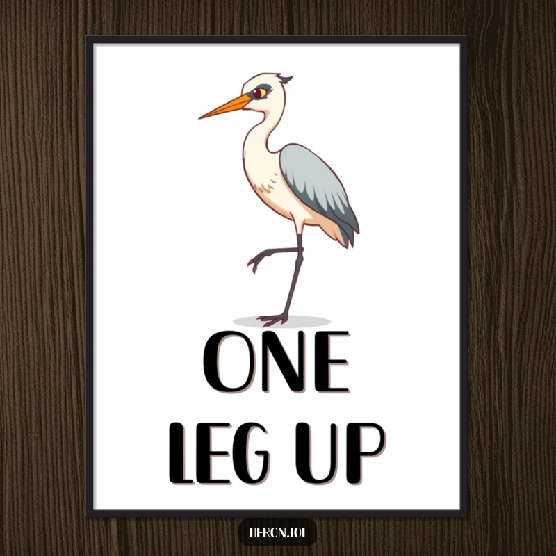 Funny poster capturing a heron in a comical, precarious tiptoe pose on a single, thin leg, ideal for humorous wall art.