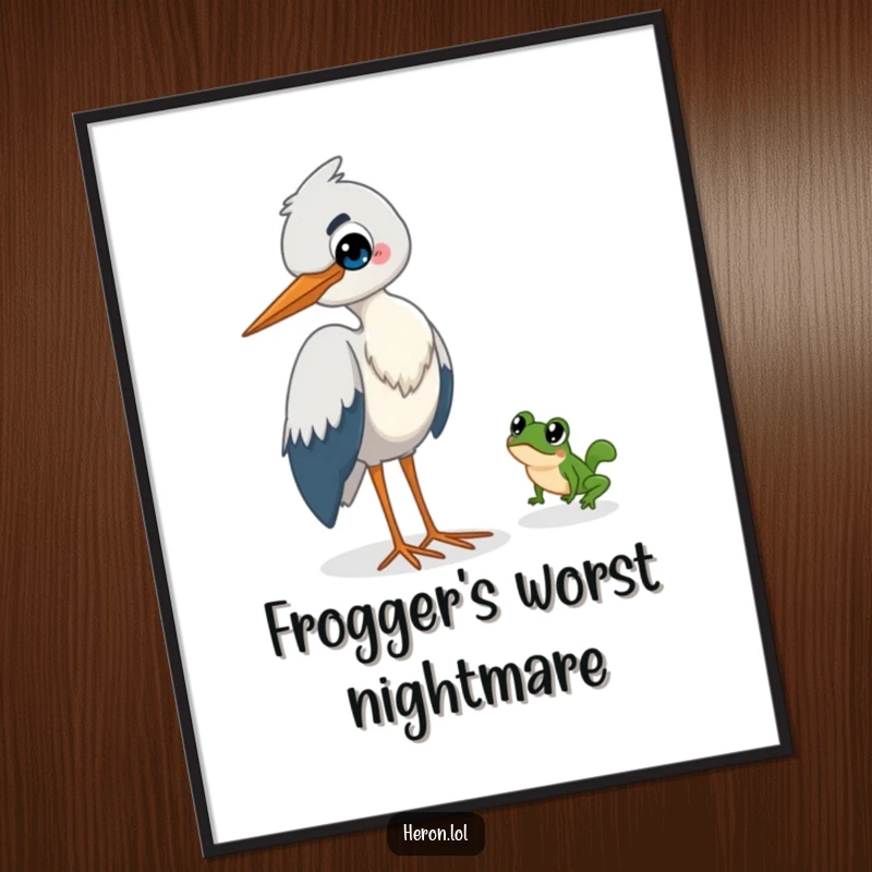 Funny Heron Poster: A mischievous heron with a wide grin watches a tiny frog making a swift escape.