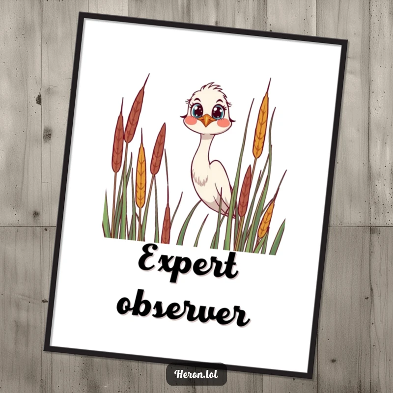 Funny Poster art of a joyful heron peering over reeds, its large, curious eyes capturing a moment of gentle observation.